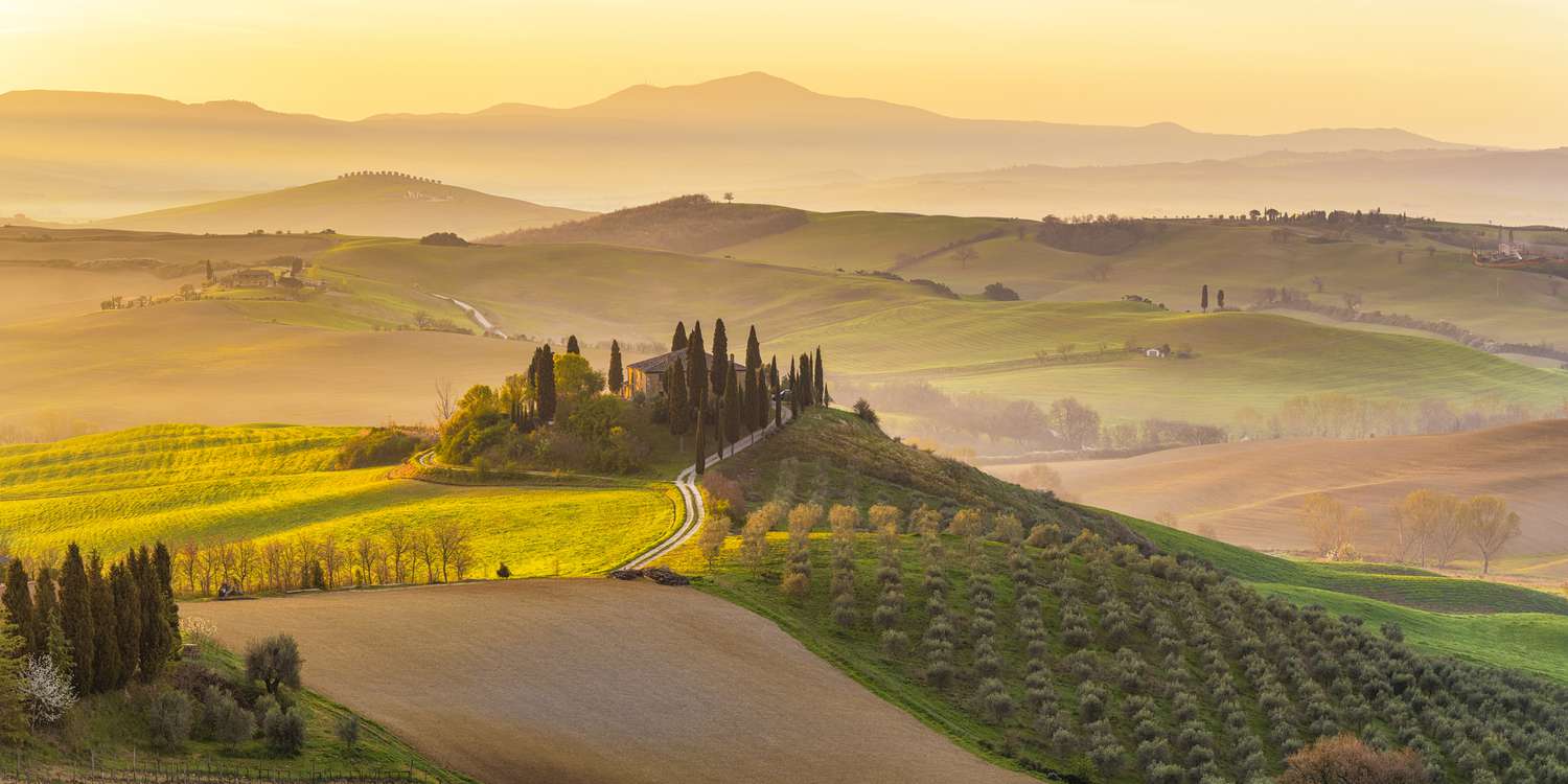 The rolling hills, vineyards and cypress trees of Tuscany in the morning light