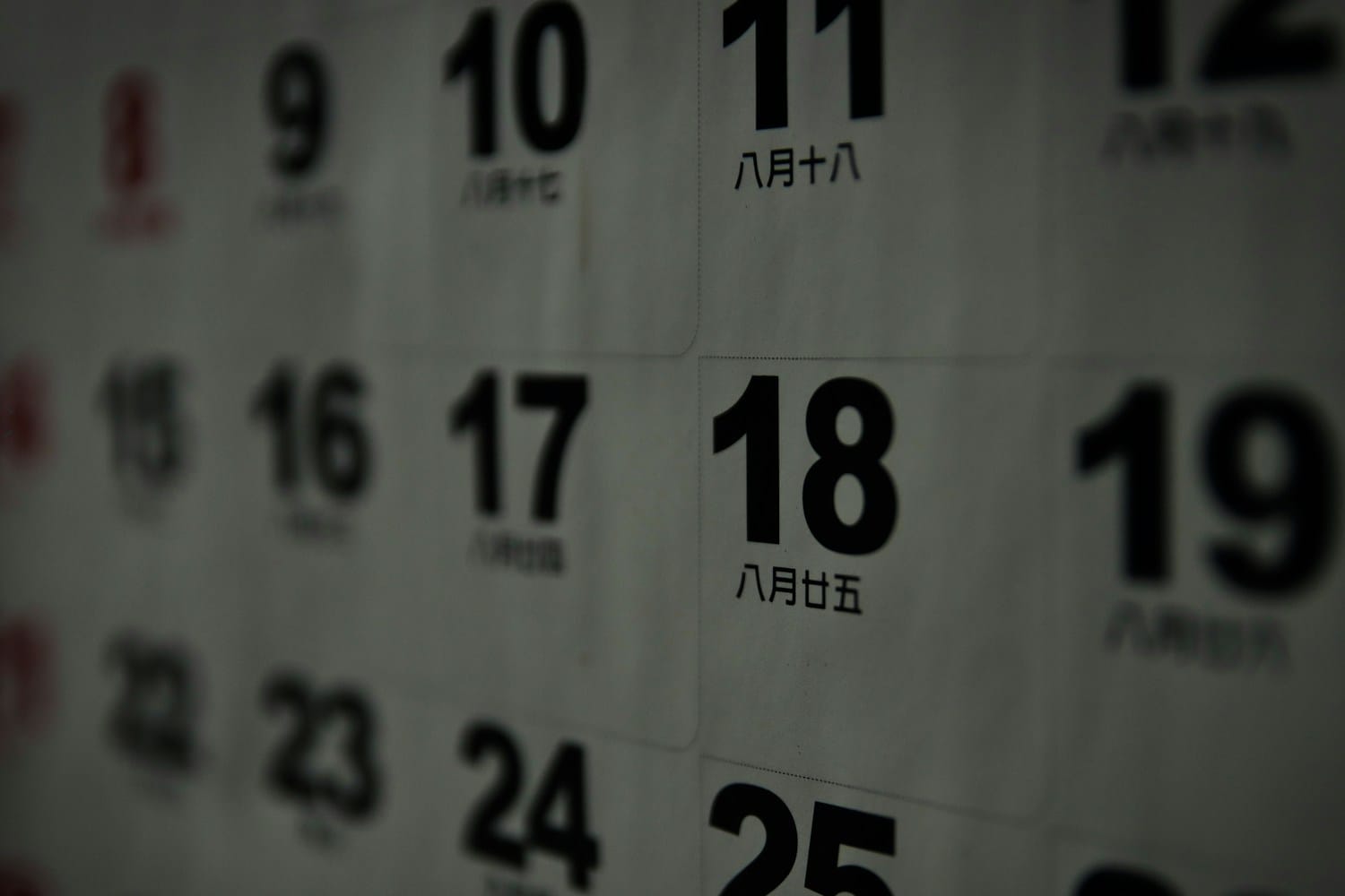 Close-up of the days on a wall calendar