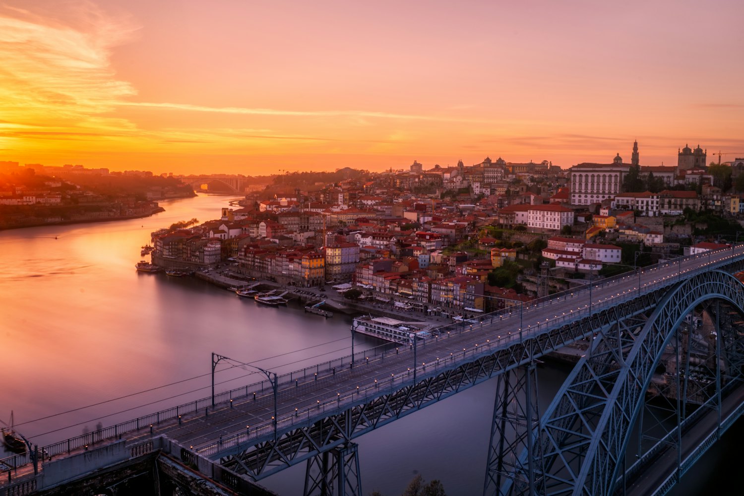 Porto at sunset, with the Douro river and the Dom Luís I bridge