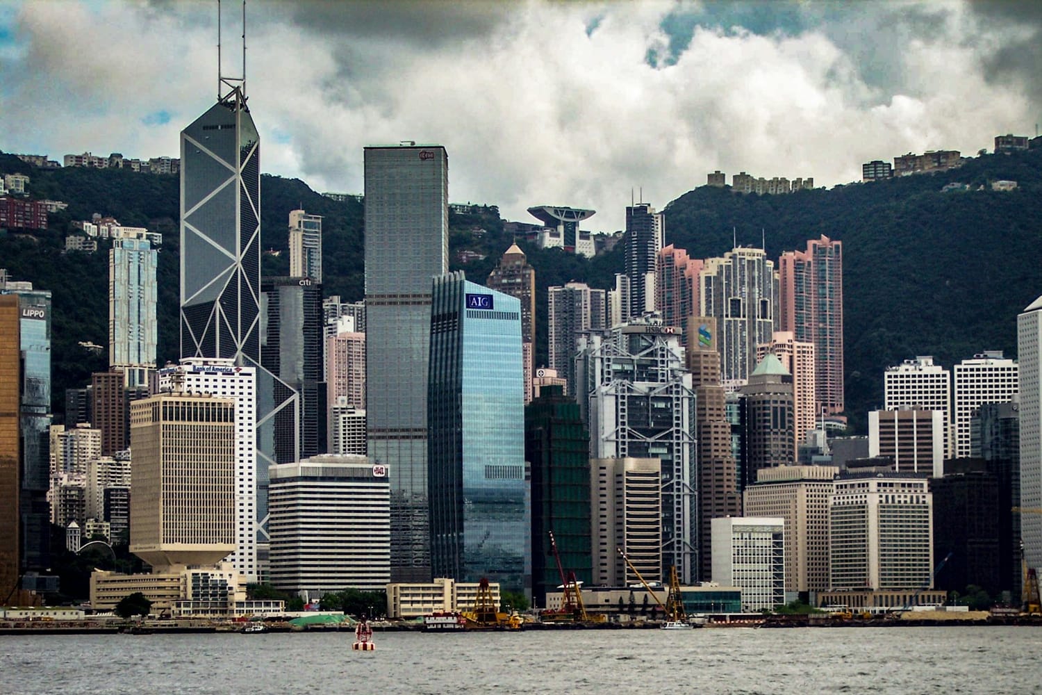 Office towers of Central, Hong Kong, rising from the waterfront below the Peak