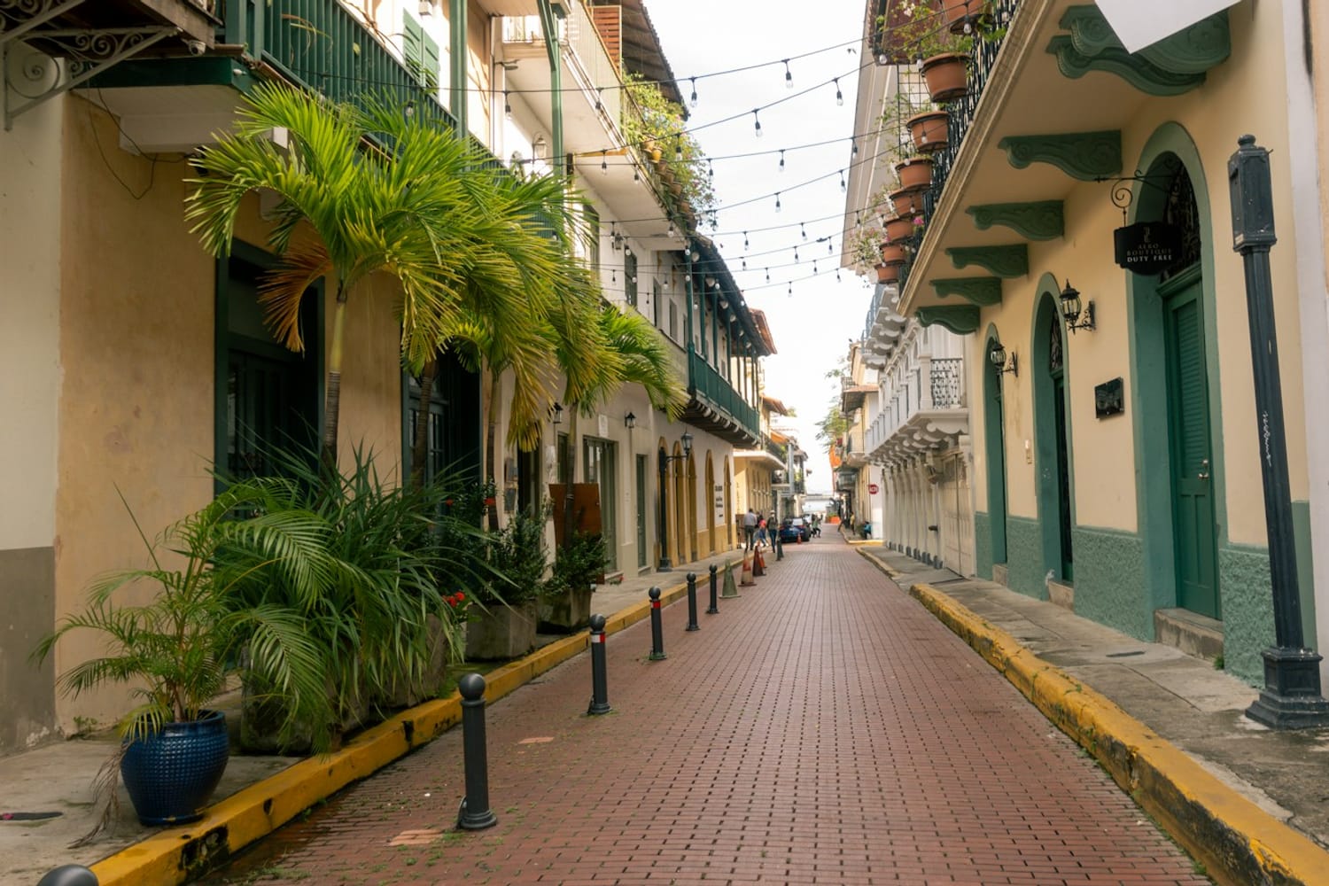 A quiet street of restored colonial houses with balconies in Casco Viejo, Panama City